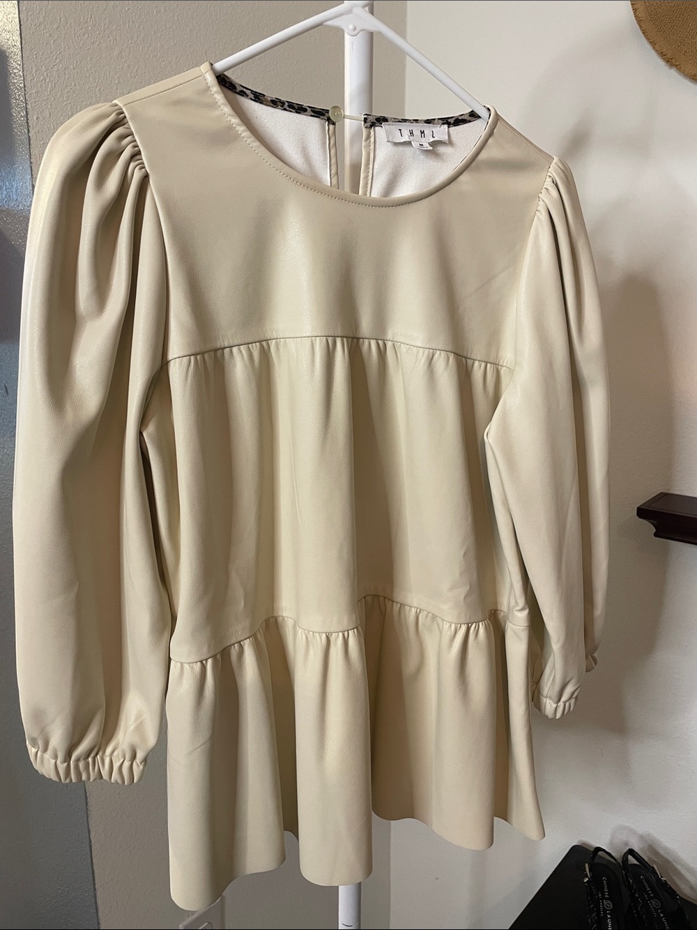 THML Cream Faux Leather Tiered Tunic with Puff Sleeves